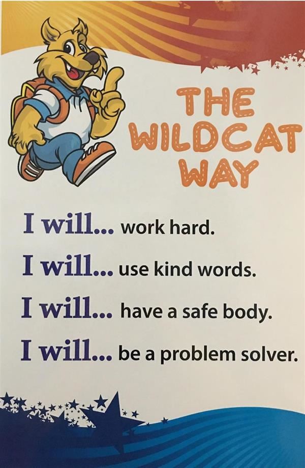The Wildcat Way I will work hard. I will use kind words.  I will have a safe body. I will be a problem solver. 